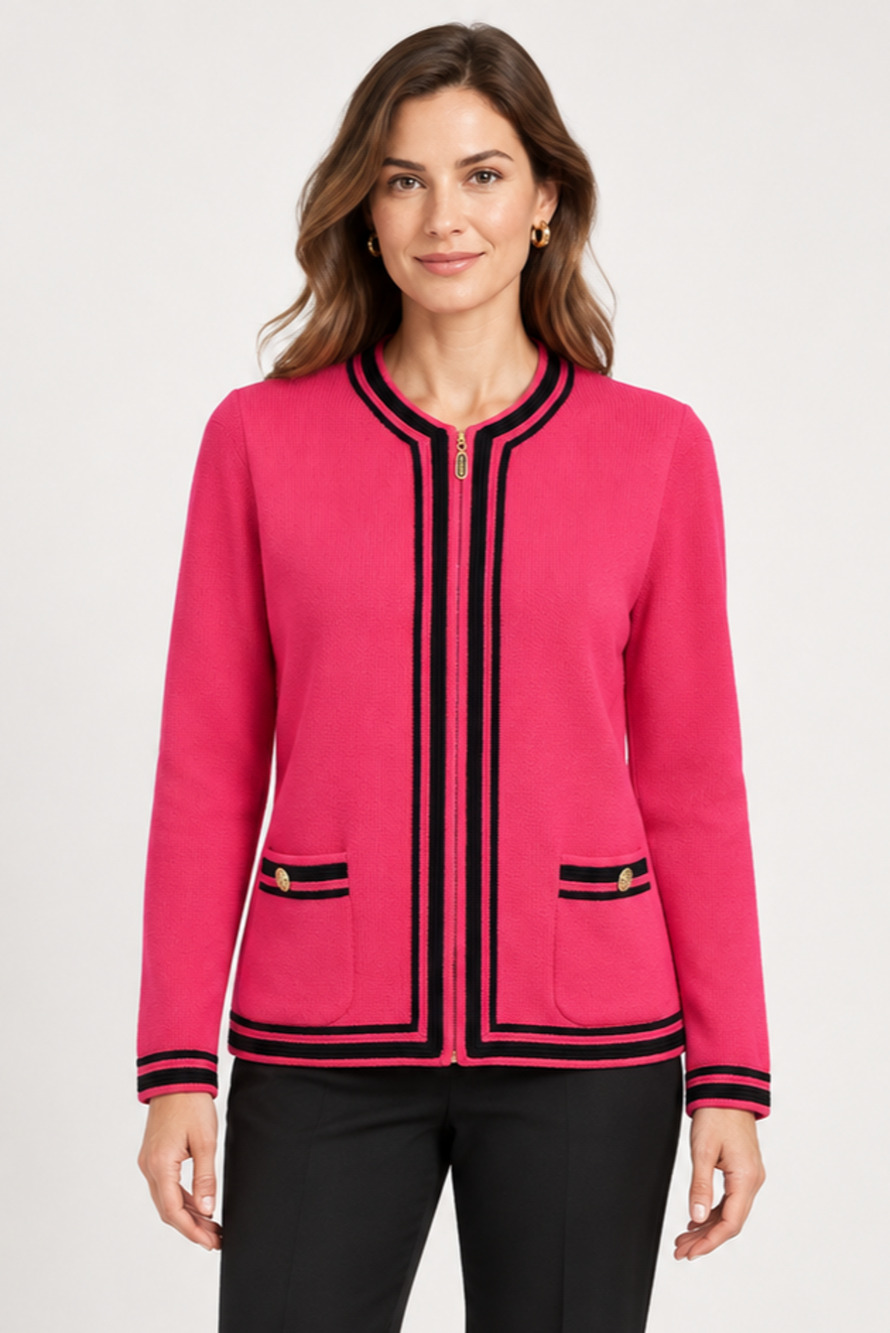 St John Collection By Marie Gray Hot Pink & Black Knit Jacket Zipper Size 8
